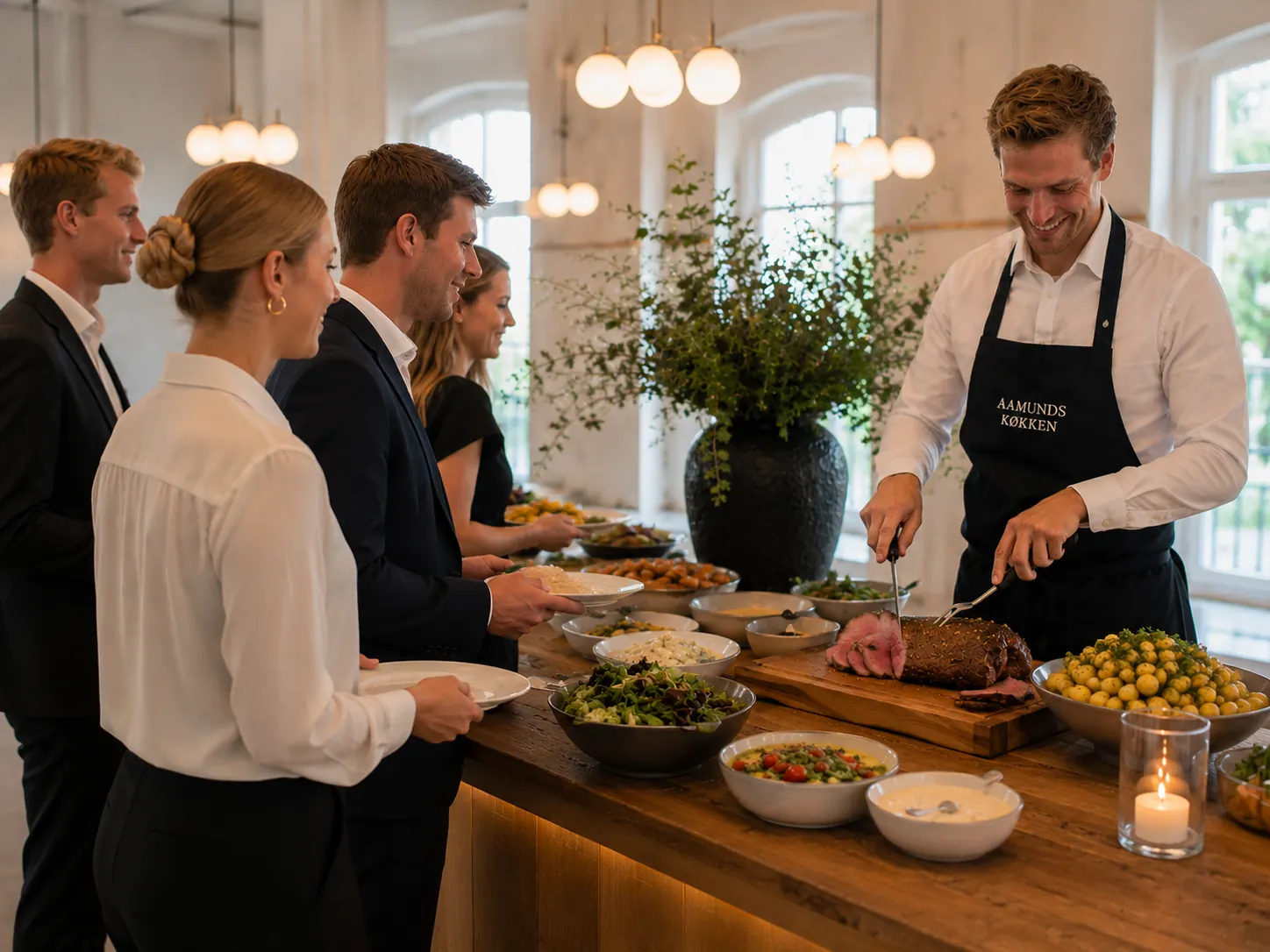 Lækker buffet serveret til fest med varme og kolde retter (AI-genereret billede)