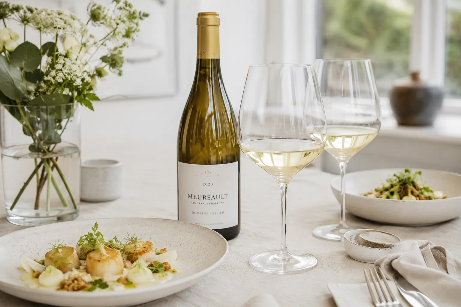 Kammuslinger serveret med Meursault hvidvin (AI-genereret billede)