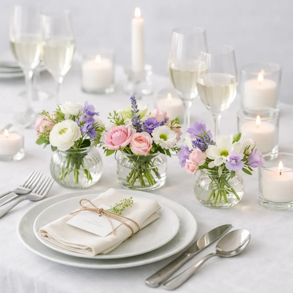 Rolig opdækning med lyse blomster og stearinlys (AI-genereret billede)