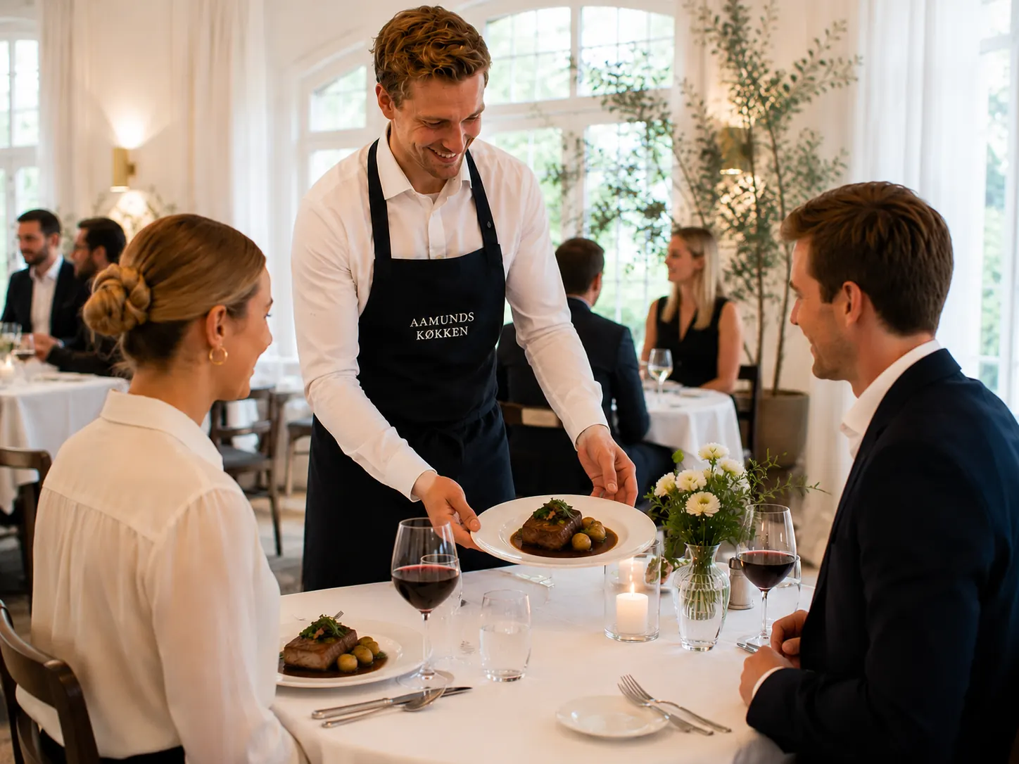Tjener serverer festmiddag ved pyntet bord i selskabslokalet (AI-genereret billede)